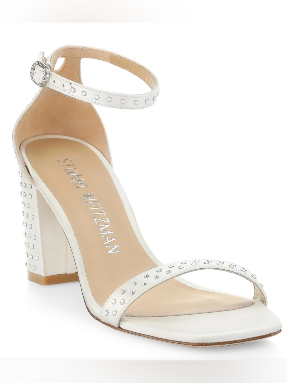 Stuart Weitzman White Studded Ankle-Strap Block Heel Sandals